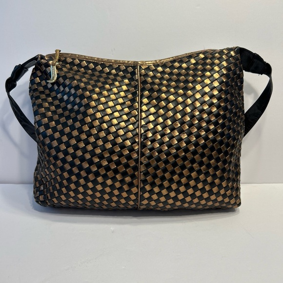 Vintage Sharif Genuine Leather Gold And Black  Woven Hobo Purse Handbag 1980s - Picture 1 of 6